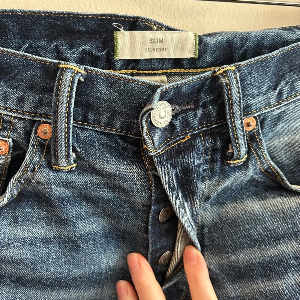 AE77 Slim Selvedge Jeans Dark Wash 28x32 Button Fly Organic Cotton Denim